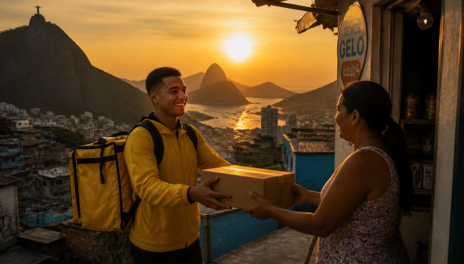 Entregador entregando uma encomenda a uma moradora em uma comunidade do Rio de Janeiro